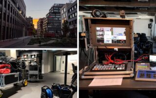 Collage vom Streaming „KI@school – Daten lernförderlich nutzen“: Werksviertel am Abend, Technik im Flightcase und Regie