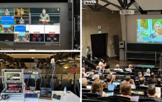 Collage vom Streaming „Digitale Daten lernförderlich nutzen“: Regie, Kameras und voller Hörsaal