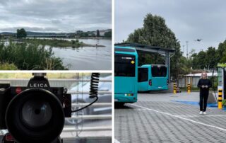 Collage von Drehtagen in Frankfurt, Koblenz und Langen: Leica-Kamera, Flusslandschaft und Busdepot mit Ladesäule
