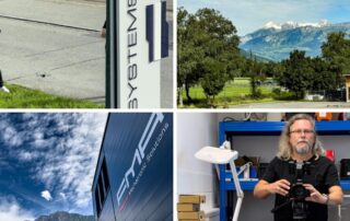 Collage von Drehs bei NOX und FMA in Liechtenstein: Kameramann, Firmengebäude und Bergpanorama