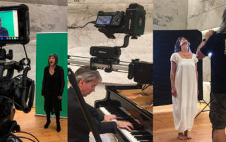 Collage vom Dreh mit Marlis Petersen im Konzerthaus Blaibach: Kamera, Greenscreen, Pianist und Sängerin im weißen Kleid
