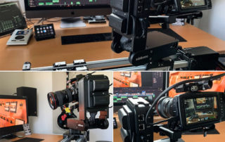 Collage vom Motion-Control-Setup: Kamera auf Slider vor Schnittmonitoren