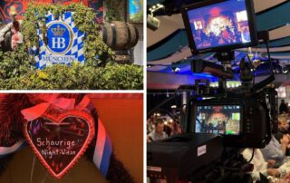 Collage vom 18. Night-Wiesn-Anstich im Werksviertel Mitte: Hofbräu-Deko, Lebkuchenherz und Kamera im Festsaal