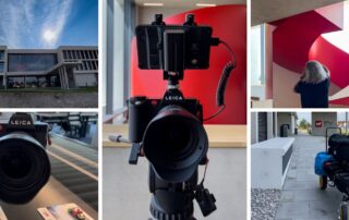 Collage vom Dreh im Hightech Innovation Center von Würth Elektronik: Gebäude, Leica-Kameras und rote Treppe