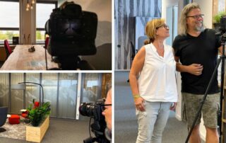 Collage vom Fotoshooting beim PiN Team: Besprechungsräume, Lounge und Fotograf mit Kundin an der Kamera