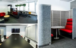 Collage von Büroräumen mit roten Sitznischen und Besprechungstisch – Fotoshooting bei CGI für office4you