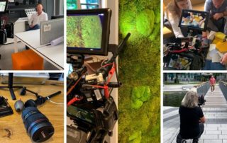 Collage vom Dreh bei office4you: Kamera, Objektive, Moswand und Recruiting-Szenen
