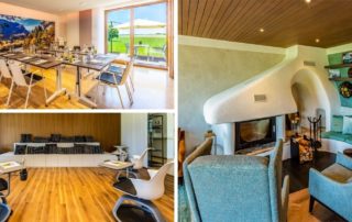 Collage vom Augustinum: Speiseraum, Lounge mit Kamin und Aufenthaltsraum – Fotoshooting für office4you