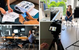 Collage vom Dreh für office4you: Grundrisse, Interview im Büro und Kamera mit Monitor