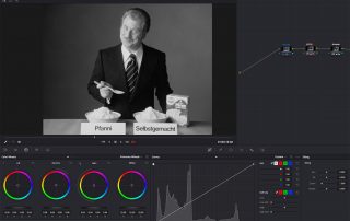 Color Grading in DaVinci Resolve: alter Pfanni-Werbespot mit Mann im Anzug vor zwei Schüsseln – Restaurierung der Pfanni-Spots