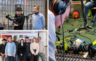 Collage vom integrativen Musikprojekt des Gymnasiums Bad Aibling und der Raphael-Schule: Sänger, Gruppe und Kabel