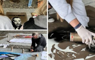 Collage vom Graffiti- und Streetart-Projekt am Gymnasium Bad Aibling: Schablonen und Sprühdose