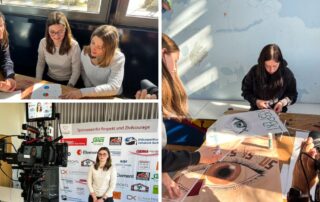 Collage vom Projekt „#Respekt gewinnt!“ an der Wilhelm-Leibl-Realschule: Schülerinnen am Tisch und Interview