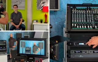 Collage vom Dreh für RCS Audio-Systems: Interview, Monitor und Hand an einem Verstärker-Rack