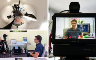 Collage vom Dreh bei RCS Audio-Systems: Kamera, Monitor mit Sprecher und Interview am Tisch