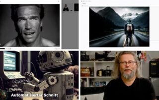 Collage aus dem Workshop „AI Filmmaking“ Teil II: KI-Porträts, Roboter und Michael J. Müller vor der Kamera