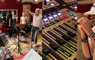 Collage von der Probe von Matthias Reim mit Band in einem Kölner Studio: Musiker, Mischpult und Sänger