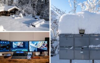 Verschneites Haus und Briefkästen, dazu der Schnittplatz – Remote Editing und Color Grading im Wintereinbruch