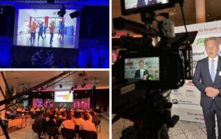 Collage von der Auftaktveranstaltung der RESPEKT!Tour 2022 im Gymnasium Bad Aibling: Bühne, Publikum und Interview