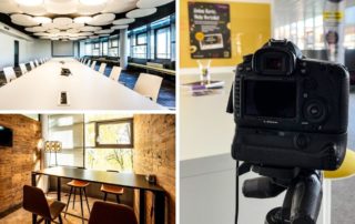 Collage aus den Büros von DeutschlandCard mit Kamera auf Stativ – Referenzfotos für office4you