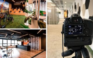 Collage aus dem Business Campus Hub und Showroom mit Kamera auf Stativ – Fotoshooting für office4you