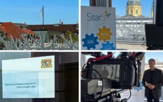 Collage vom Interview mit Prof. Dr. Peter Fischer: Kamera, Dachterrasse und Titelfolie des Kultusministeriums