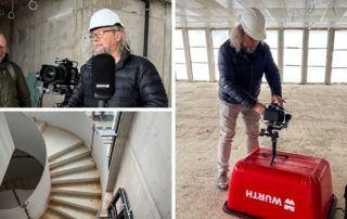 Collage vom Neubau von Würth Elektronik: Michael J. Müller und Thomas Jesse (office4you) mit Bauhelm, Gimbal auf der Baustelle