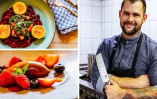 Teller mit Rote-Bete-Gericht und Dessert, daneben der Koch mit Messer – Fotoshooting im Wirtshaus an der Wiesmühle