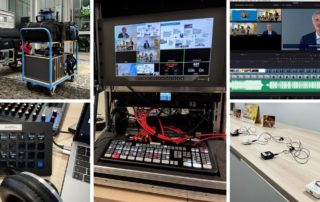 Collage vom Streaming bei Bel: Technik im Flightcase, Bildmischer und Präsentation auf dem Monitor
