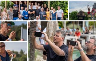 Collage vom Smartphone-Dreh „Beachwatch“ mit Ralf Moeller: Teamfoto, Darsteller und Kameraleute mit Handys