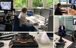 Collage vom Dreh bei MFI Asset Management: Kamera, Mitarbeiter am Arbeitsplatz und Interviews