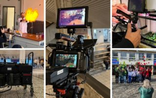 Collage vom Dreh am Gymnasium Bad Aibling: Experiment im Klassenzimmer, Kamera und Schüler auf dem Pausenhof