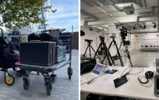 Streaming-Technik auf Rollwagen und Kameras im Saal – hybride Veranstaltung der Stiftung Bildungspakt Bayern