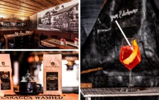 Collage vom Fotoshooting im „Zum Ederkramer“: Gaststube, Kaffeepackungen und Spritz-Glas