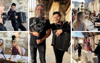 Collage vom Videodreh „Pinocchioball“ auf Schloss Langenburg: Der Kofler mit Akkordeon und Michael J. Müller, Festtafel und Kamera