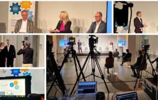 Collage vom hybriden Event „StarSV: Starke Schulen – starker Verbund“: Podium, Kameras und Moderation