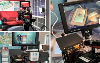 Collage vom Dreh bei RCS Audio-Systems: Set mit rotem Sofa, Interview und Kameramonitor mit Produkt