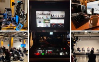 Collage vom Streaming „Perlen 4.0“: Bildmischer, Mehrfachansicht und Podium im Saal