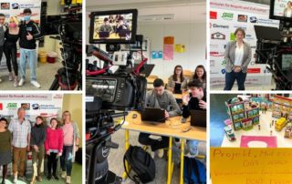 Collage vom Dreh der RESPEKT!Tour 2022: Schülergruppen, Kamera und Plakate des Schulprojekts