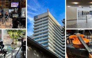 Collage vom Dreh mit dem casalQuartett im Studio 2 des Bayerischen Rundfunks: Musiker, BR-Hochhaus und Cello