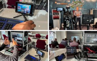 Collage vom Dreh bei RCS Audio-Systems: Kameramonitor, Prototyp-Vorstellung und Training für das VARES-System