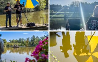 Collage vom Musikvideo-Dreh mit Strawanza: Band am See, Kamera und gelber Sonnenschirm