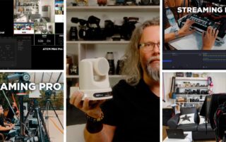 Collage zum Kurs „Streaming Pro“: Michael J. Müller mit PTZ-Kamera, Bildmischer und Studio