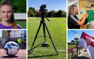 Collage vom Imagefilm für die Damen des SV Bruckmühl: Spielerin, Ball, Kamera auf dem Platz und Vereinsfahne