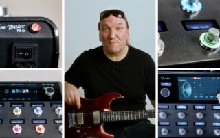Collage vom Produkttest Fender Tone Master Pro: Gitarrist mit roter E-Gitarre und Bedienelemente des Geräts