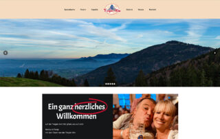 Startseite der neuen Website der Tregler Alm mit Bergpanorama und „Ein ganz herzliches Willkommen“