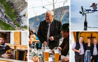Collage von der Einweihung der Josef-Kapelle auf der Tregler Alm: Luftbild, Gäste, Musiker und Wetterfahne