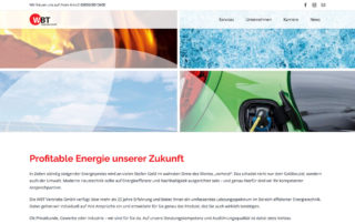 Startseite der neuen Website der WBT GmbH „Profitable Energie unserer Zukunft“ mit Flammen, Eis und E-Auto