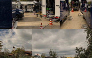 Collage vom Set des Spielfilms „Worauf es ankommt“ in Glonn: Produktionsfahrzeuge und Parkplatz