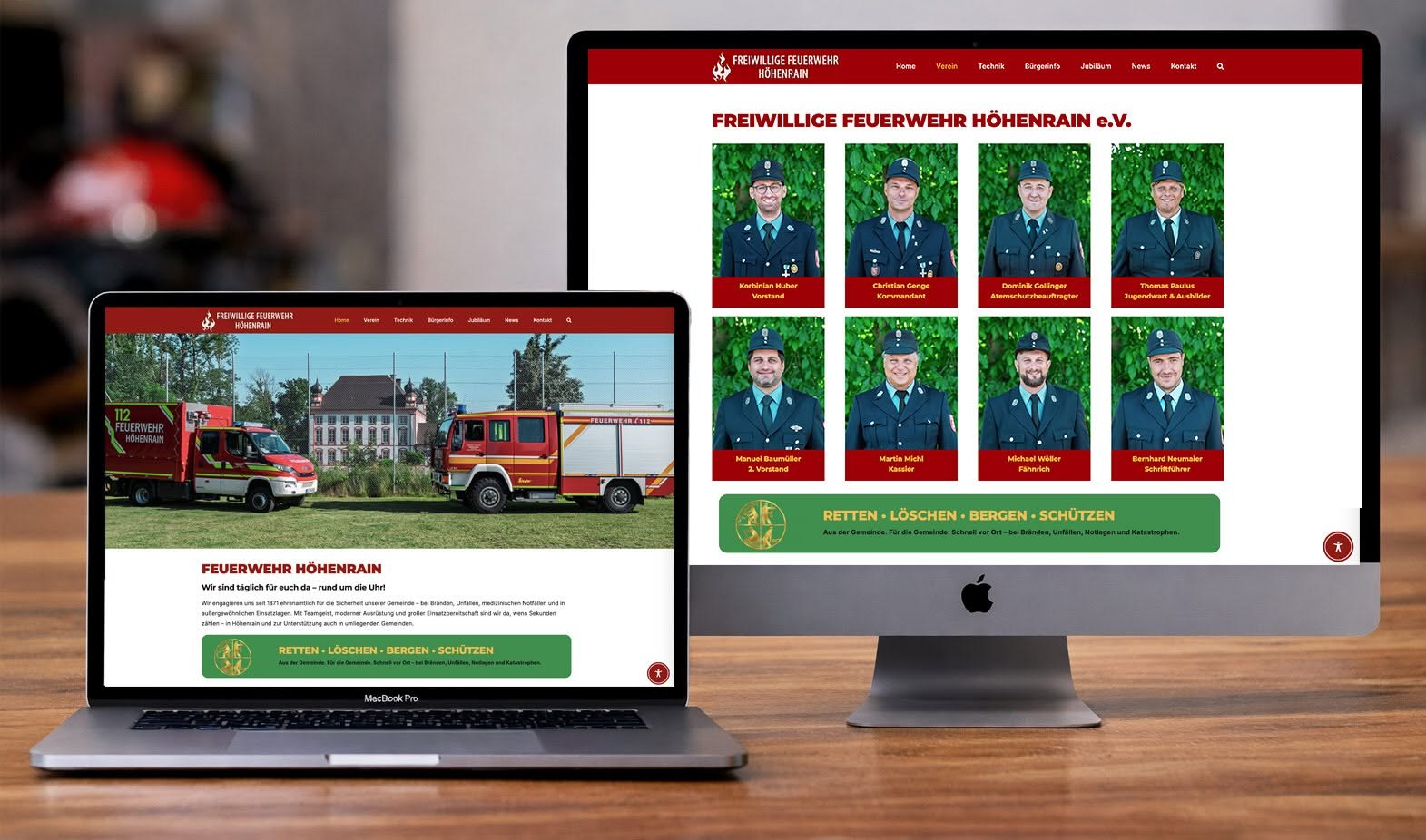 Die neue Website der Freiwilligen Feuerwehr Höhenrain auf Laptop und Monitor: Startseite mit den Einsatzfahrzeugen und die Vorstandschaft
